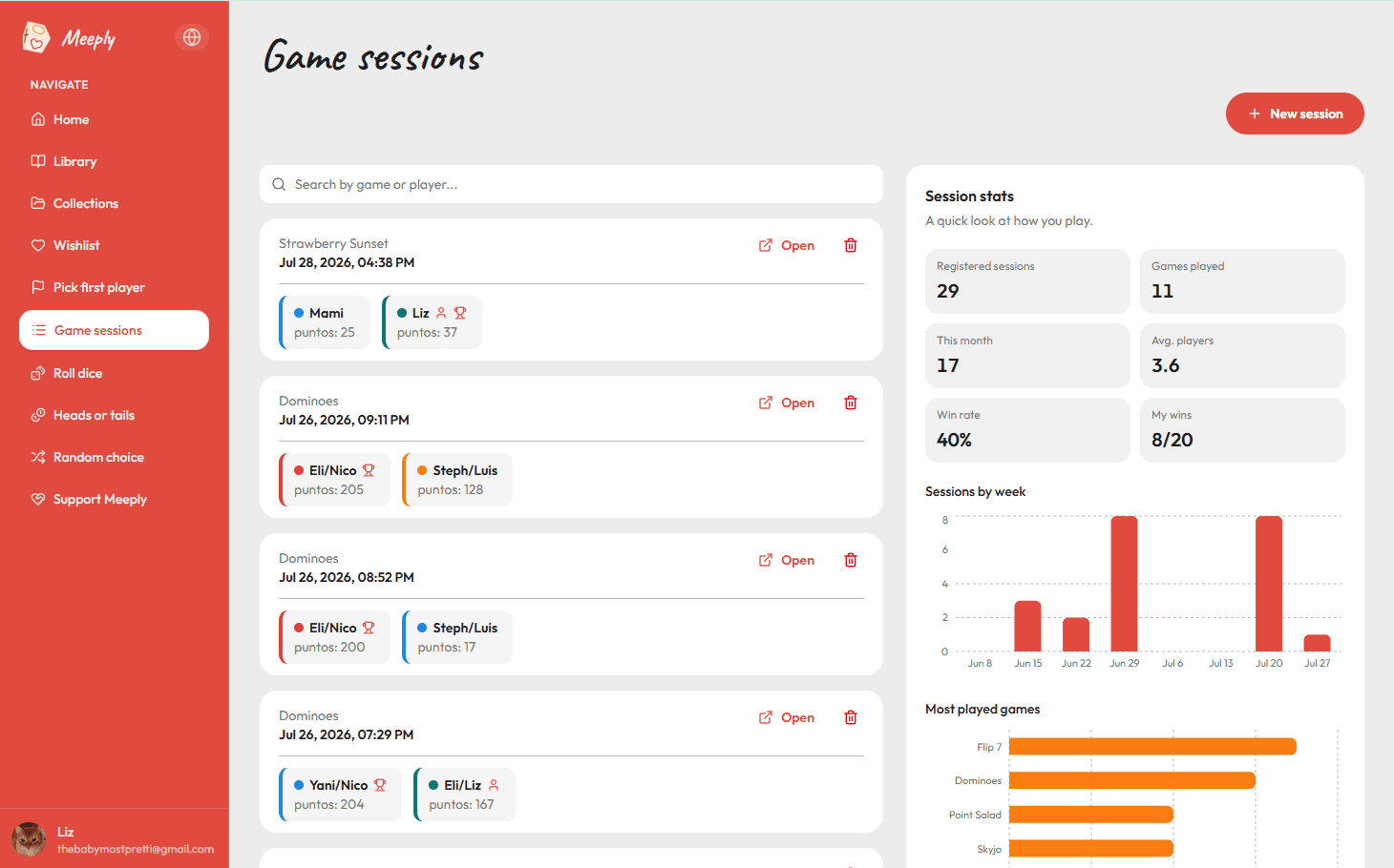 Meeply game sessions history and stats